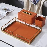 European Modern Simple Accents Home Tabletop Rectangle Shape Orange Leather Storage Tray With Gold Plating Metal Standing Way 2