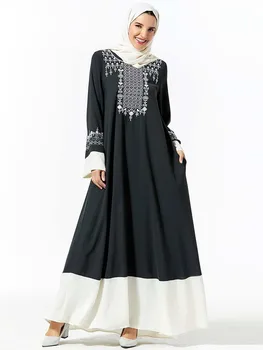 

Muslim Women Dress Plant Embroidery Abayas Splicing Contrast Color Pocket Arab Long Skirt (Excluding Headscarf) Musulam Thobe