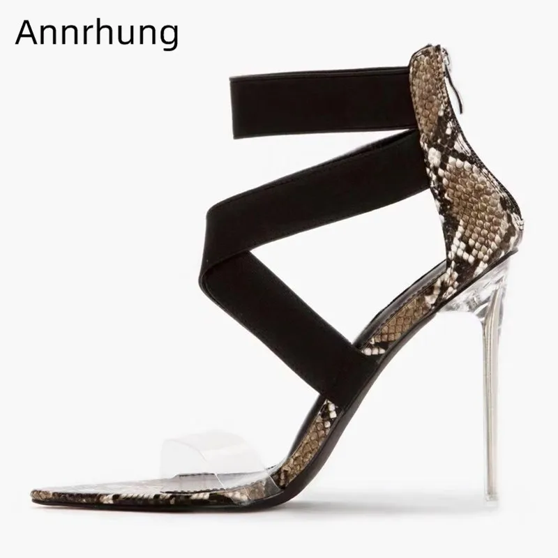 

Sexy Serpentine Gladiator Sandals Crystal Clear Heel Shoes Women Elastic Band PVC Strap Party Stiletto High Heels Sandalias 2019