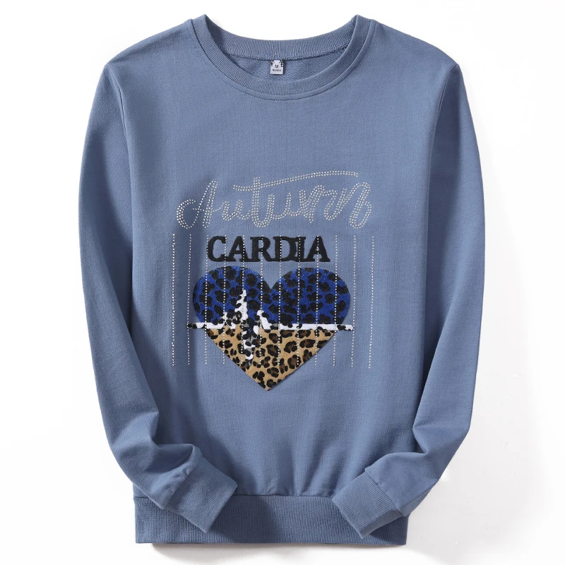 

Женские хлопковые свитшоты TuangBiang, с леопардовым принтом, с бриллиантами, с круглым вырезом, свободные футболки с аппликацией, женские зимние теплые топы, 2021