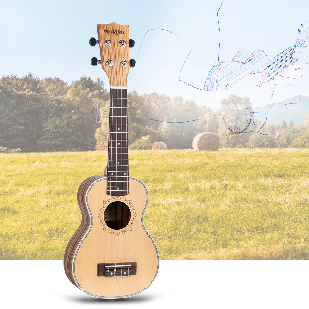 Твердая ель Гавайская гитара 21 дюймов Сопрано Uke Zebrawood с нейлоновыми струнами |
