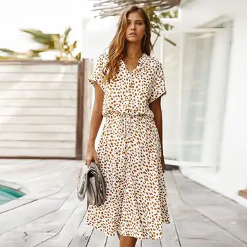 

Dot Print V Neck Mid Carf Dress for Women Hight Waist Beach Dresses Print Button Sundress Casual Ladies Dress #20