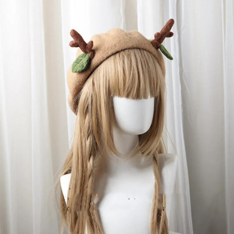 

Christmas gift Christmas elk, fawn, antler, leaf, wool felt, beret, pancake, trend, Japanese girls' heart, autumn and winter hat