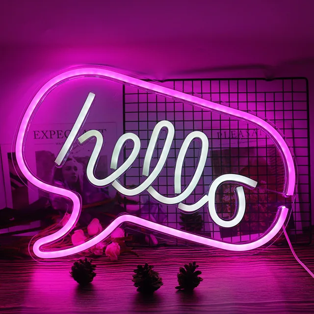 Pink and White Led Hello Neon Signs Hello Light Neon Word Sign/Letters Light Kids Room Decor Wall Decor for Christmas Baby Room Birthday Party Living Room,Wedding Party Holiday Decor 16.9x12.6