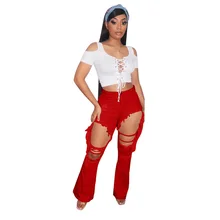 

Red Yellow Big Hole Hollow Plus Size Jean Women High Waist Side Tassel Patchwork Flare Pant Streetwear Bell Bottom Denim Capris