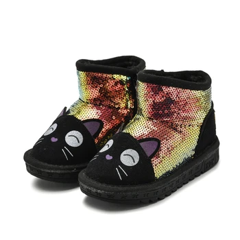 

Warm Kids Snow Boots For Children New Toddler Sequins Cartoon Cat Winter Child Shoes Non-slip Flat Round Toe Girls Baby Boots