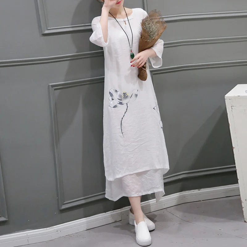 summer vintage Floral Pleated long dress women white Loose Cotton and Linen dress Chinese Style Linen long dress women