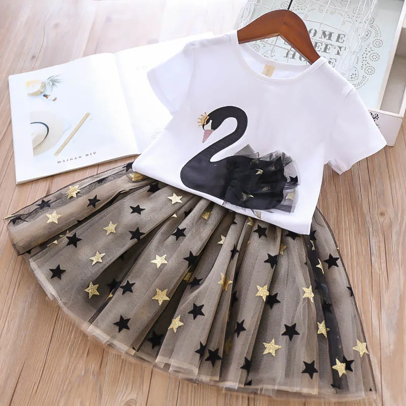 Kids Clothing Set Girls Clothing Set Swan T-Shirt + Star Mesh 2Pcs Suit 2 Colors