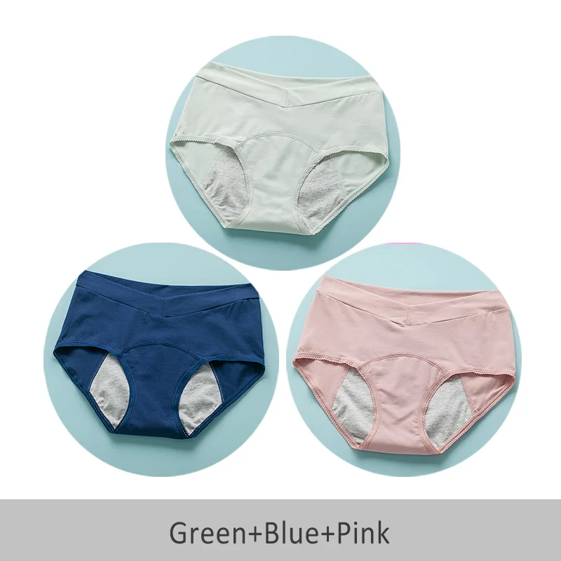 3 шт., противопротекающие трусики для менструации, хлопковые трусики, женское сексуальное физиологическое нижнее белье, водонепроницаемые бесшовные трусы с v-образной талией - Цвет: Green Blue Pink