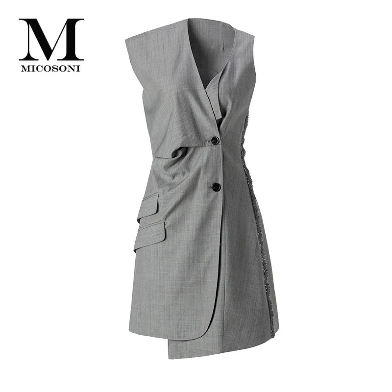 

Italian Style High Quality Office Lady Fashion V-neck Irregular Pleated Fringed Side Two Buckle Fake Pocket Sleeveless Dress S-L