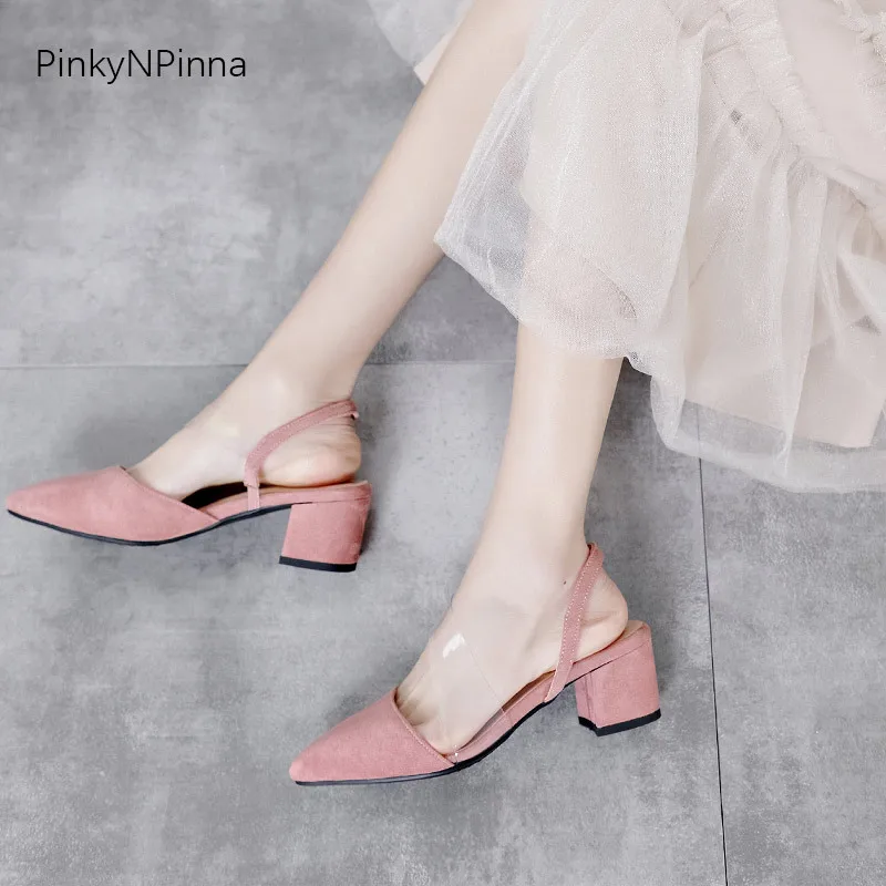 

2019 Summer Fashion Closed-toe Suede Transparent Bandage Cloth Chunky-Heel Black And White with Pattern Versatile Sandals Women'