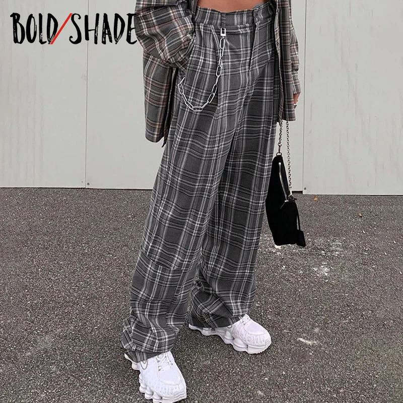 

Bold Shade 90s Grunge Streetwear Fashion Y2K Trousers Grey Plaid Button High Waist Loose Pants Women Skater Style Autumn Winter
