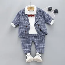 Комплекты одежды для мальчиков костюм в клетку детский деловой костюм из 3 предметов для мальчиков детская куртка+ штаны+ рубашка с бантом, комплект одежды