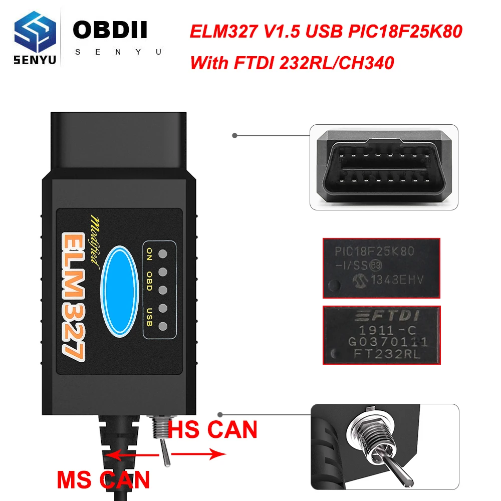 ELM 327 V1.5 USB FORScan для диагностики автомобиля Ford PIC18F25K80 FTDI/CH340 ELM327 HS CAN/MS CAN OBD 2 OBD2 сканер