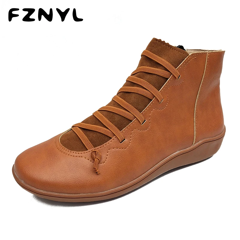 

FZNYL 2019 Autumn Winter Women Flat Boots Ladies Lace up Zipper Pu Leather Fashion Snowboots Rubber Out-sole Female Casual Shoes