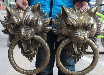 

803++++++17"Chinese Bronze Guardian Foo Fu Dog Lion Head Door Gate Knocker Statue Pair decoration bronze factory outlets