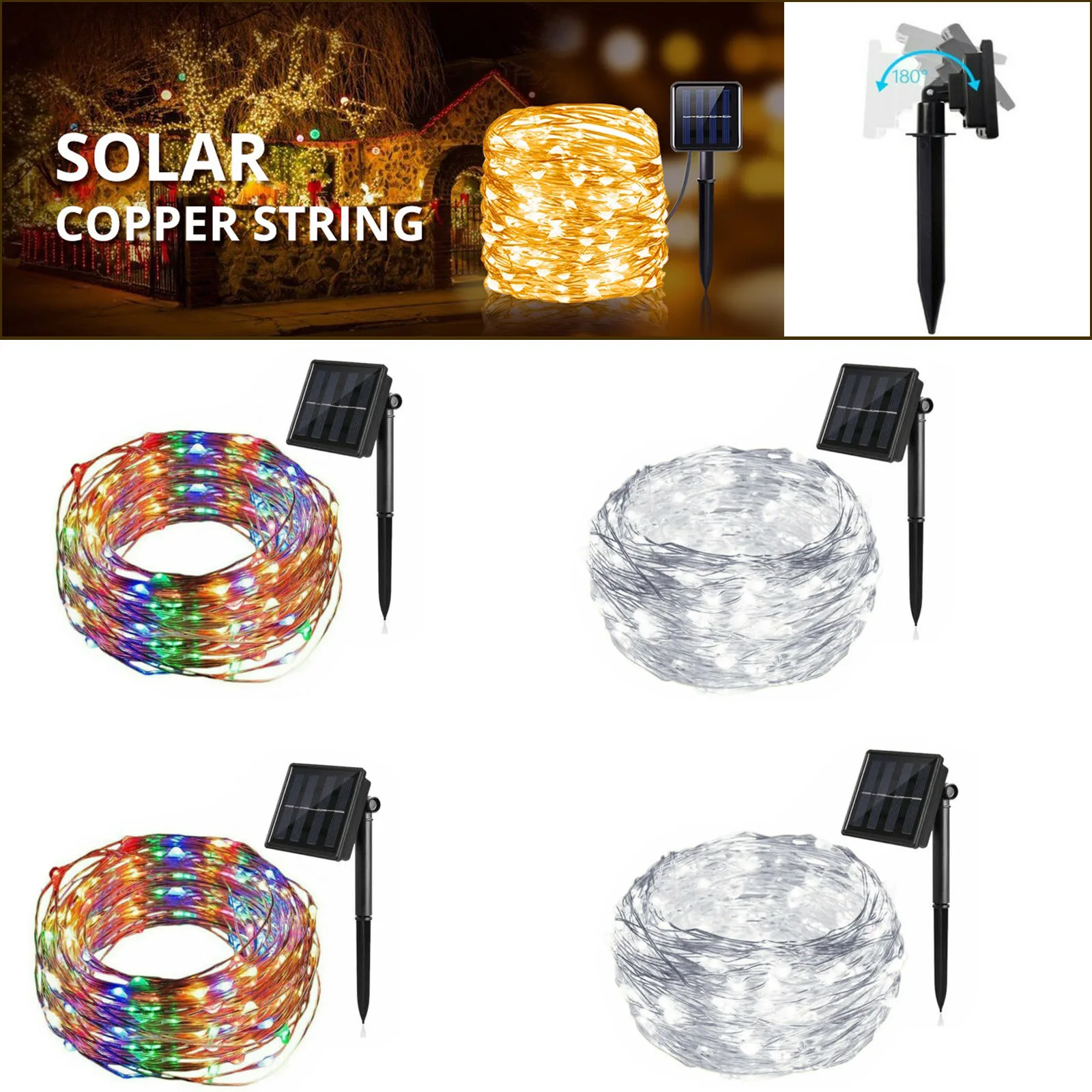 

2 шт., водонепроницаемые светодиодные гирлянды на солнечной батарее, 10 м, 100 светодиодов