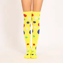 Длинные носки для косплея клоуна для женщин и девочек; забавные Разноцветные Необычные Гольфы выше колена с принтом в горошек; нарядный костюм для вечеринки
