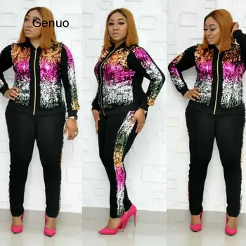 

Spring Tide Sport Sequin 2 Pieces Set Casual Zipper-neck Women Set Full Sleeve Full Length Women Set African Mother Outfit