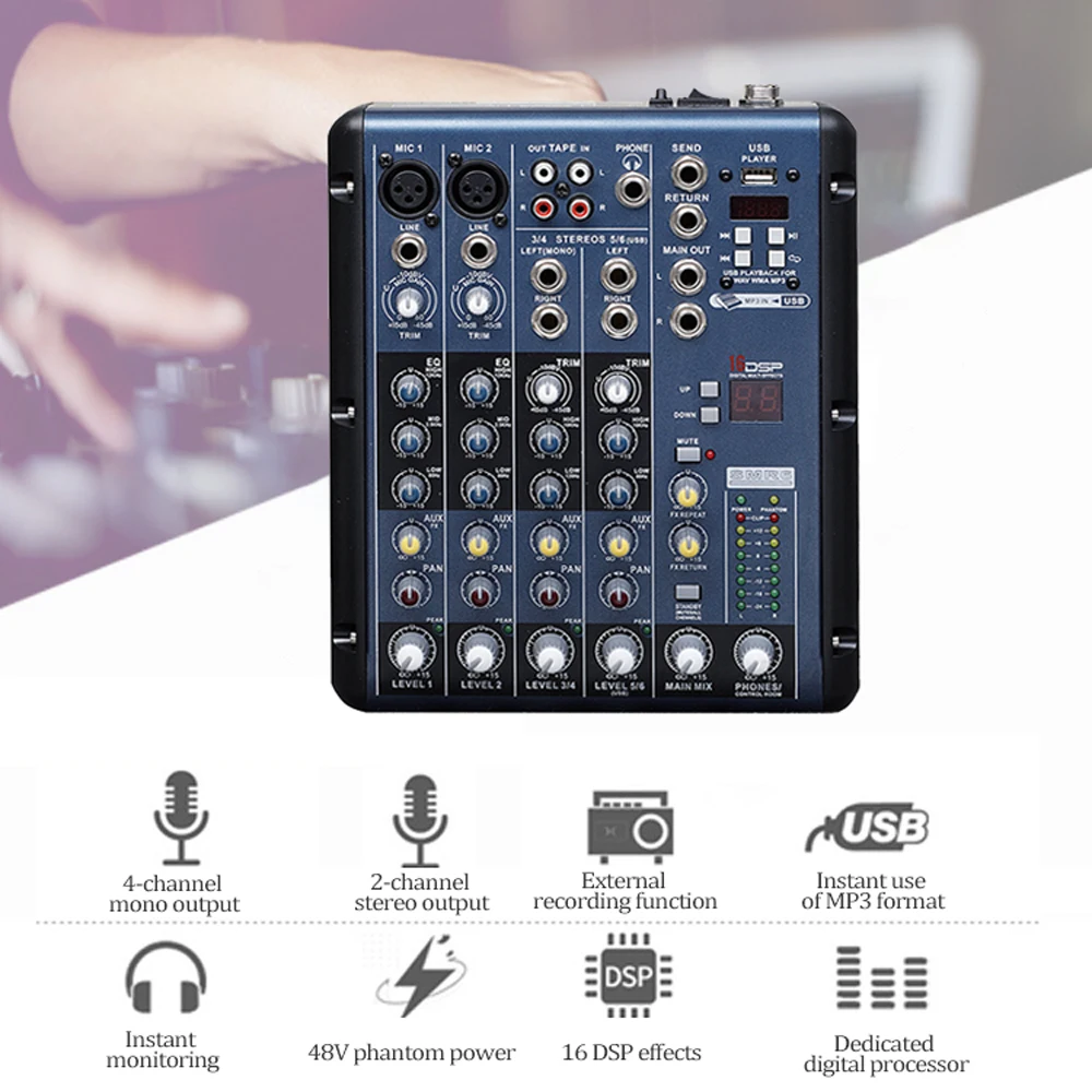 4 канала аудио микшер звук микшерный пульт с Bluetooth USB Запись 48 В Phantom power Monitor Пути Плюс эффекты использования