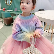 

Autumn Winter Kids Girls Knitted Sweater Rainbow Gradient Crochet Knit Sweatshirts O-Neck Loose Pullovers Children Outfits 3-11Y