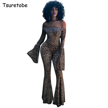 

Tsuretobe Sexy Leopard Off Shoulder Jumpsuit Flare Pant Women Long Flare Sleeve Romper Skinny Overalls Slash Neck Vestidos Femal