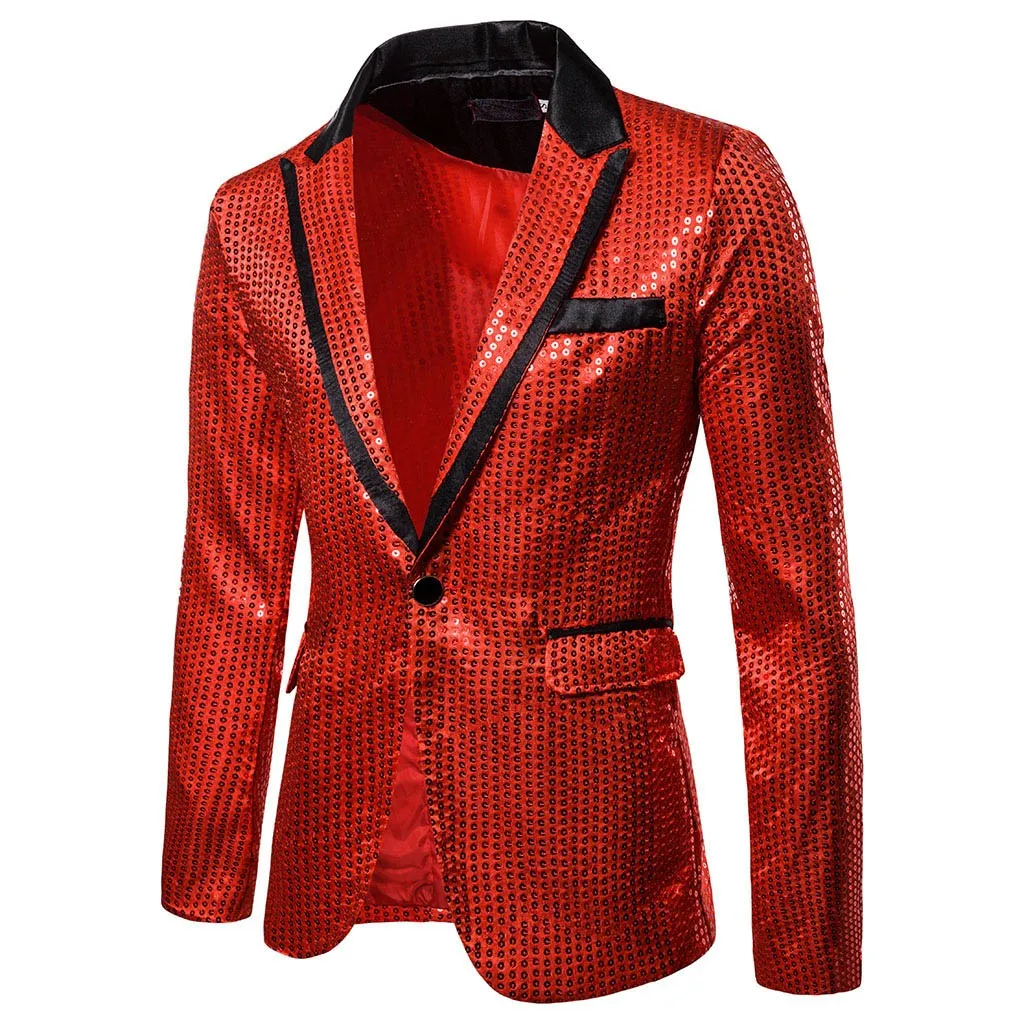 Mens Sequins Patchwork Suit Blazer Jacket Brand New Male Slim DJ Club Stage One Button Blazer Man Formal Wedding Clothes - Цвет: Red