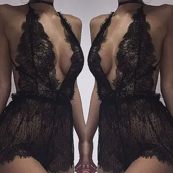 

New Style Women's Teddies Sexy Lace Lingerie Deep V Neck Nightwear Underwear G-string Babydoll Sleepwear Lace Pure Color Exotic