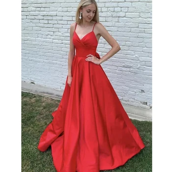 

New Elegeant Red Satin Evening Dress 2021 Spaghetti Straps Backless Bow A-line Long Prom Dress Party Guests Maid of Honor Gowns