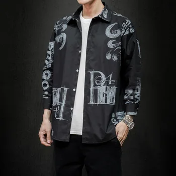 

Plus Size Blouse Men Shirt Fashion Loose Dragon Letter Printing Three Quarter Sleeve Camisas Summer Lapel Hip Hop Mens Clothing