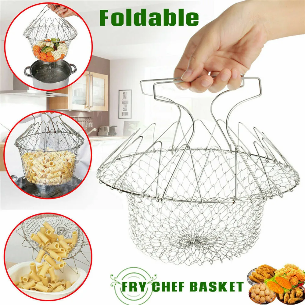 

Foldable Steam Rinse Strainer Stainless Steel Colander Magic Mesh Basket Drainer Frying French Fryer Tool Kitchen Cooking Basket
