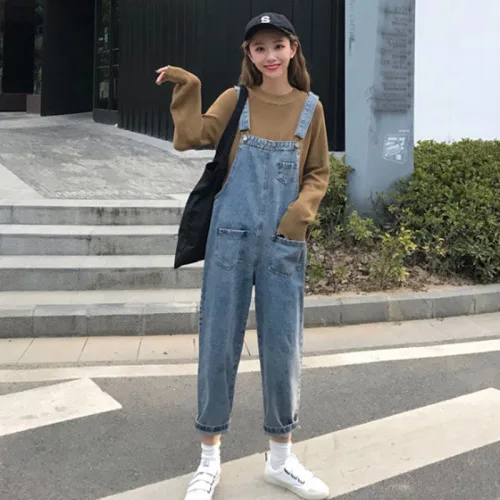 Синий moda feminina Korean Jeans overalls pockets high waist regular elastic waist casual style autumn hot Women's Clothing ins Female - Цвет: Синий