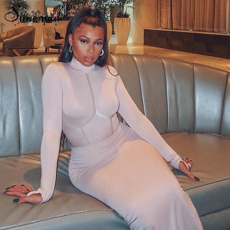 Skup Simenual smukłe modne 2019 kobiet Maxi sukienki z długim rękawem jesień Bodycon seksowne długie suknie jednokolorowy golf Slim kobiece tkaniny