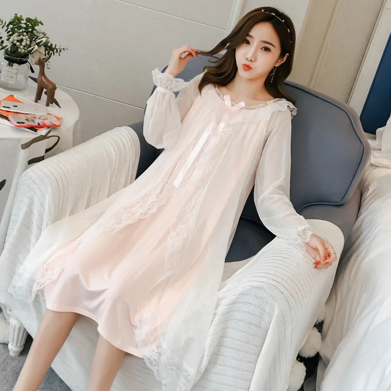 Retro court nightdress female spring and autumn cotton princess wind long sleeve pajamas sexy lace girl long skirt thin section