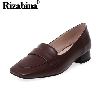 

RIZABINA Women Fashion Pumps Shoes Square Toe Real Leather Shoes For Lady Stylish Lace Up Thick Heel Office Footwear Size 33-40