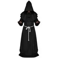 Medieval Costume Men Women Vintage Renaissance Monk Cosplay Cowl Friar Priest Hooded Robe Rope Cloak Cape Clothing - Цвет: Black XL