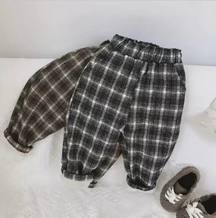 New Girls Boys Plaid Thicken Pants Winter Fashion Kids Pants 1-6T PP103