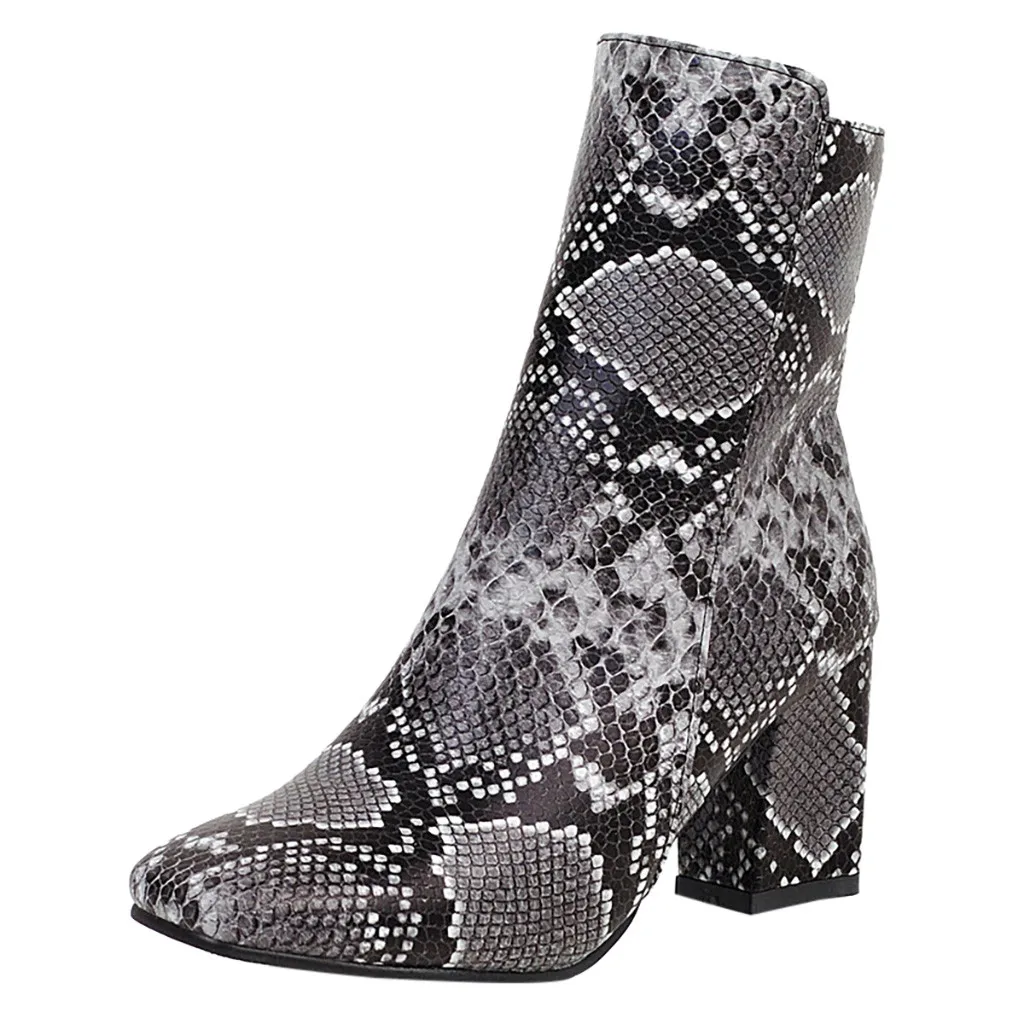 Осенне-зимняя обувь; женские ботинки со строчкой и змеиным принтом; зимние ботинки на массивном каблуке; Zapatos De Mujer; chaussures femme; обувь