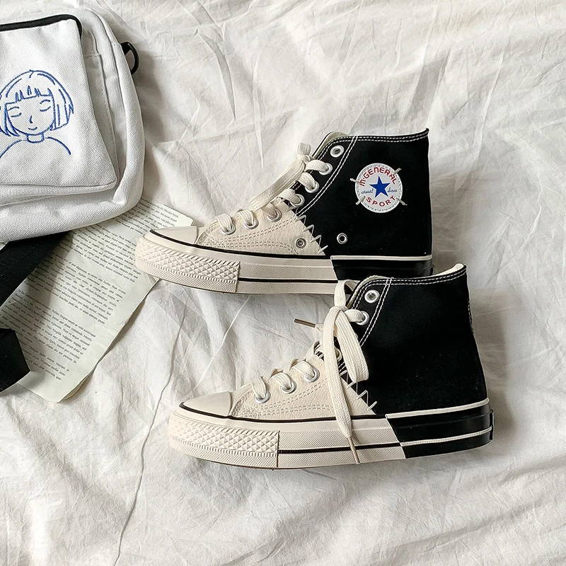 black beige INS/Модная женская обувь в стиле пэчворк; коллекция года; Повседневные Дышащие женские кроссовки с высоким берцем на шнуровке в стиле ретро; Женская обувь в стиле Харадзюку - Цвет: black beige