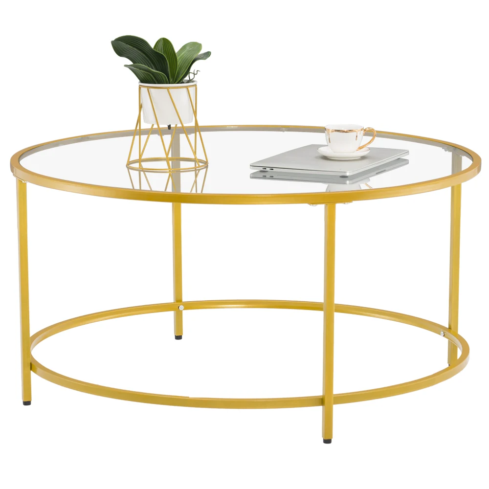 

[90 x 90 x 45]cm Simple Single-Layer Round Frame Glass Surface Coffee Table Side Table 90 Round Gold 6 mm thick tempered glass