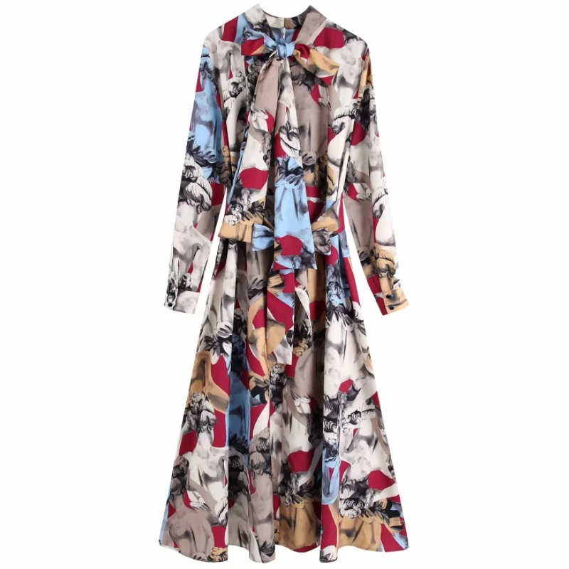 Online New Women vintage contrast color ink painting print casual sashes long Dress ladies stand collar bow tied vestido Dresses DS3047