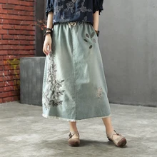 Джинсовая юбка с бахромой в винтажном стиле с вышивкой листьев дерева 58839-LH