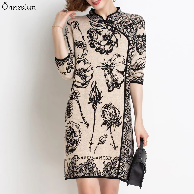 

Chinese Style Floral Print Long Sweaters Dress Autumn Women's Clothing Long Sleeve Top Femme Pullover Sweater Women