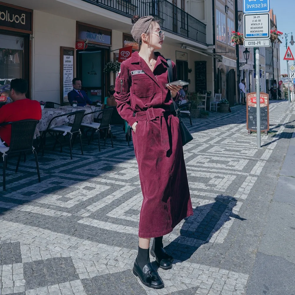 

Photo Shoot France Non-mainstream Laziness-Style Corduroy Dress 2020 Spring New Style WOMEN'S Dress Retro Waist Hugging Skirt