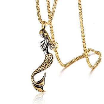 

Stainless Steel Gold Mermaid Pendant Necklace Mermaid Fish Tail Necklaces Jewelry with 60cm Chain For Men Women