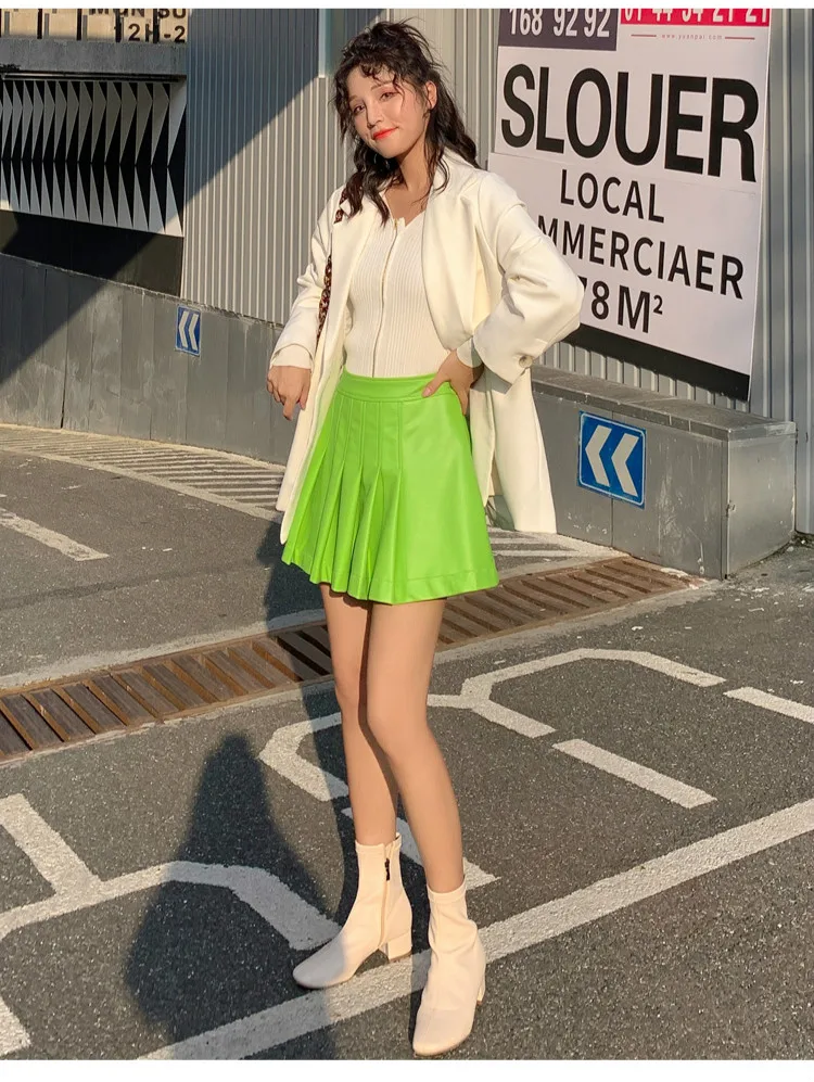Новая летняя плиссированная юбка для женщин Harajuku разноцветные юбки Свободные плиссированные юбки с высокой талией винтажные женские юбки из искусственной кожи