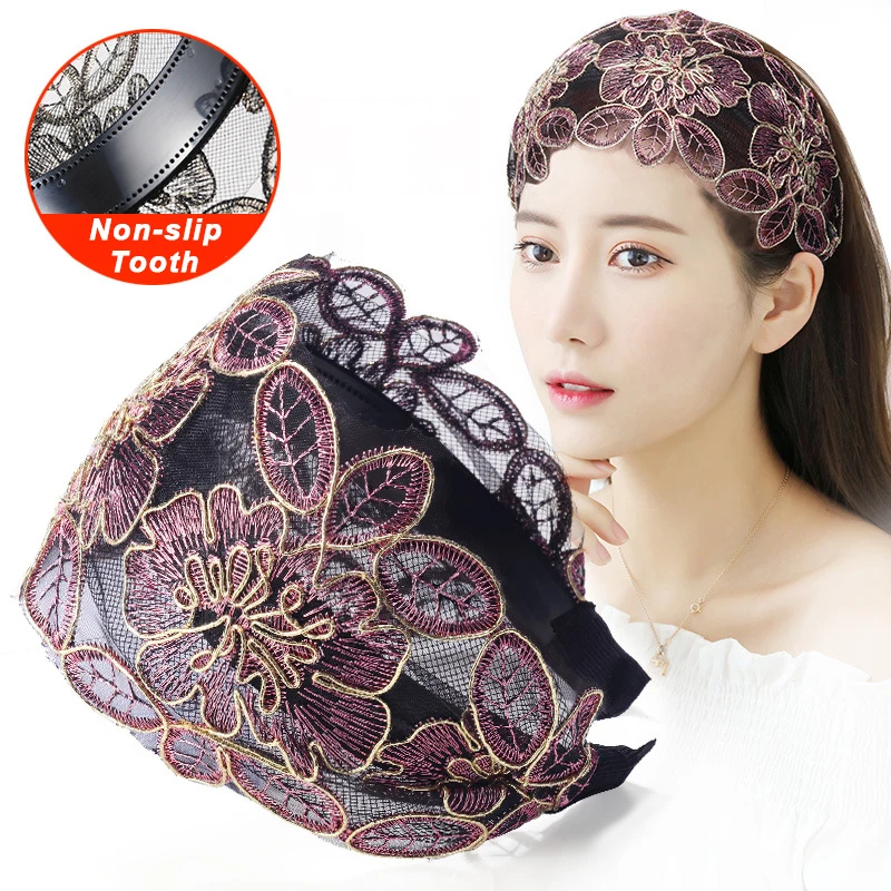 Fascia per capelli con fiori in pizzo Fascia larga per capelli da donna Fasce per capelli dentate antiscivolo Fascia per capelli con castone Accessori per capelli Copricapo - immagine 4