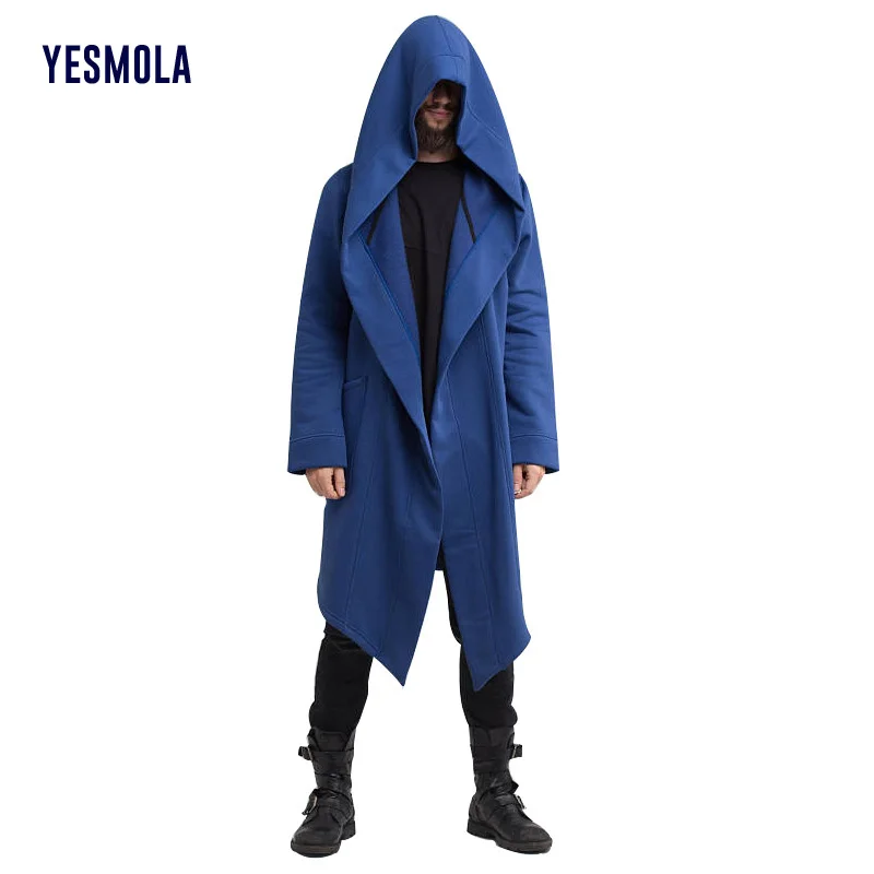 YESMOLA Men's Coat Warm Long Cardigan Cloak Coat Hooded Sweater Hip Hop Mantle Hoodies 2021 Autumn Winter Solid Sweatshirts