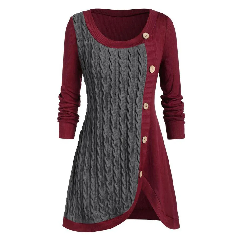 Plus Size Fashion Patchwork Tunic Blouse Casual Winter Ladies Bottom Tops Female Womens Long Sleeve Shirt Blusas Pullover | Женская