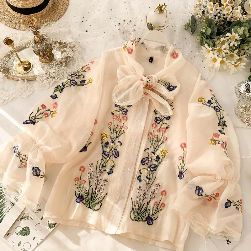 Шифоновые блузки с вышивкой Женские Большие размеры с бантом и длинным рукавом с v-образным вырезом корейские офисные элегантные рубашки Blusas топы Femininas